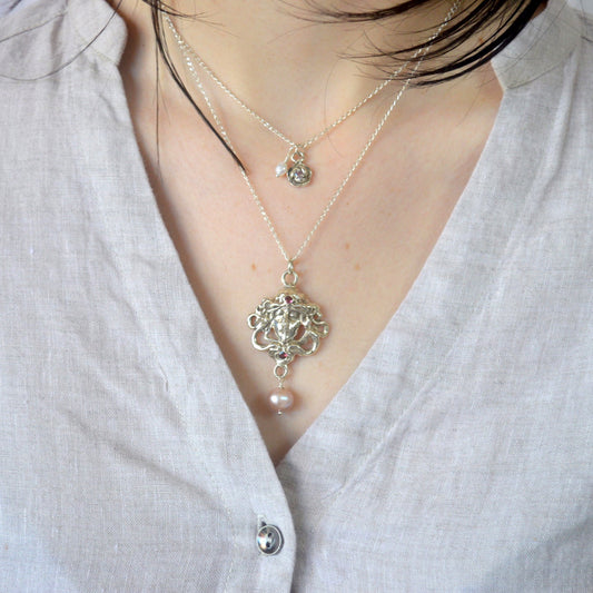 Medusa Necklace | Pink Tourmaline & Pearl in Sterling Silver