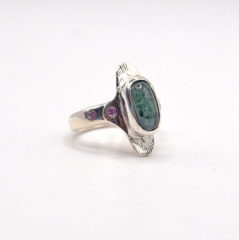 Igraine Ring | Sea Green Tourmaline Ring & Pink Sapphires