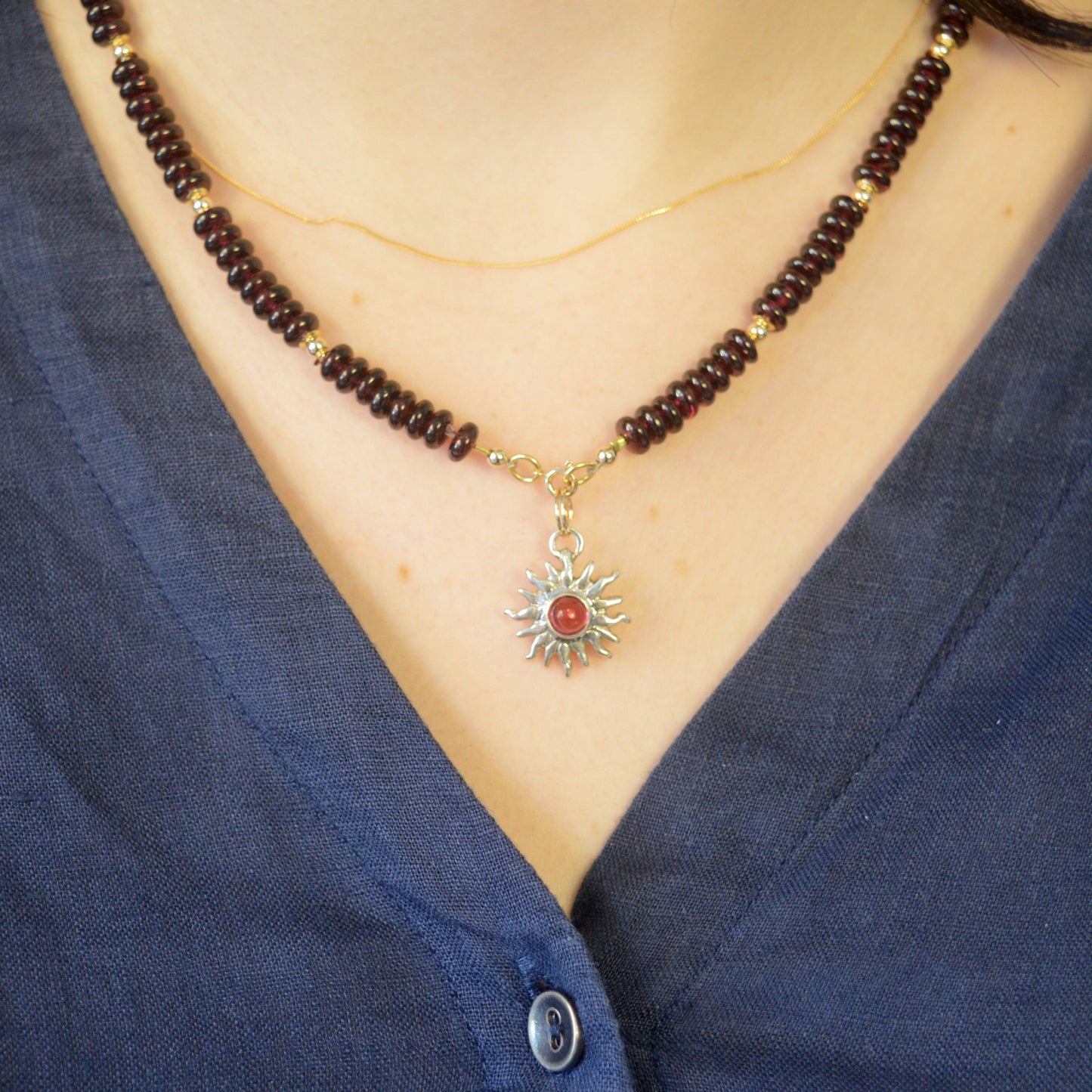 Sunna Necklace | Carved Sun Pendant with Tourmaline Gemstone
