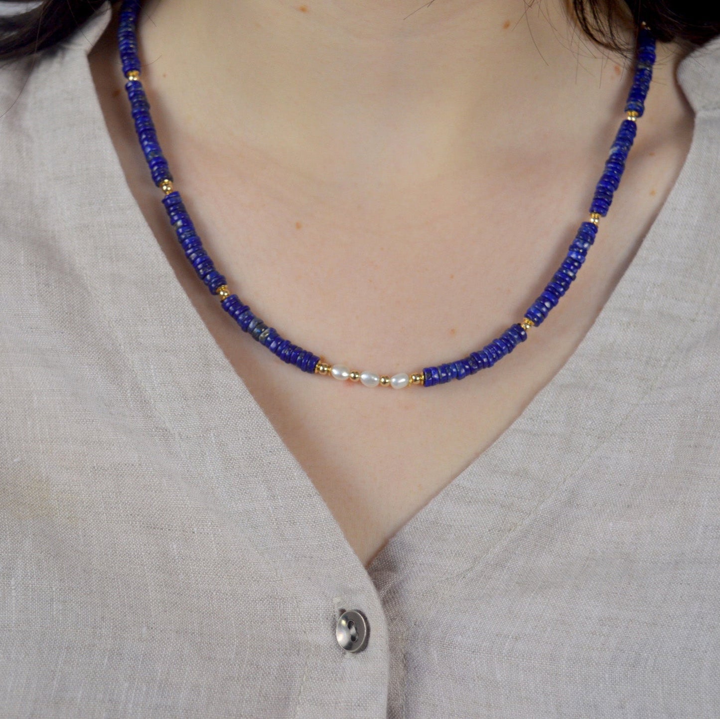 Lapis Lazuli & Pearl Necklace | Solid Gold & Handcrafted