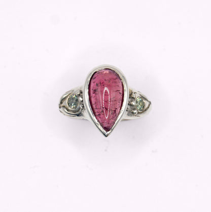 Celeste Ring | Sterling Silver & Pink Tourmaline Drop Ring with Blue Sapphires