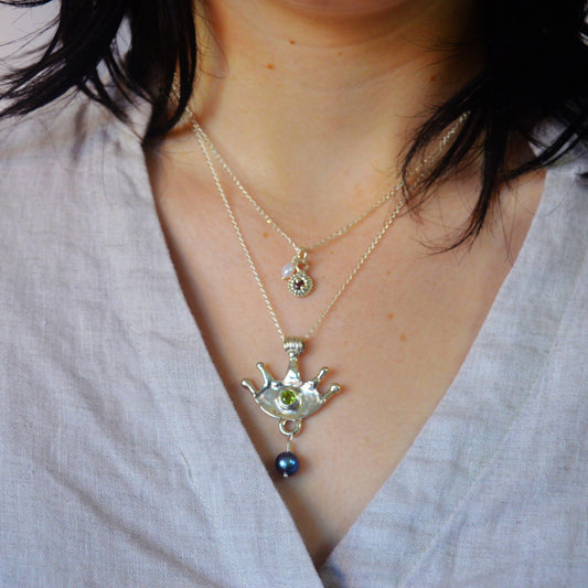 Third Eye Necklace | Spiritual Talisman with Peridot & Pearl
