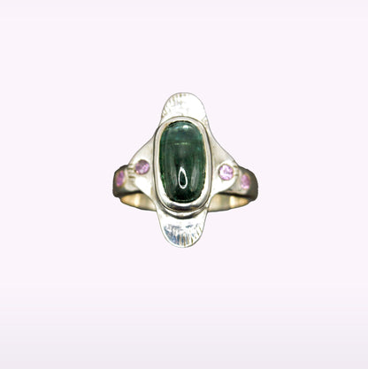 Igraine Ring | Sea Green Tourmaline Ring & Pink Sapphires