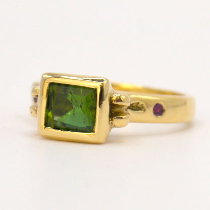 Nimue Ring | 9ct Solid Gold Forest Green Tourmaline Ring with Pink Sapphires