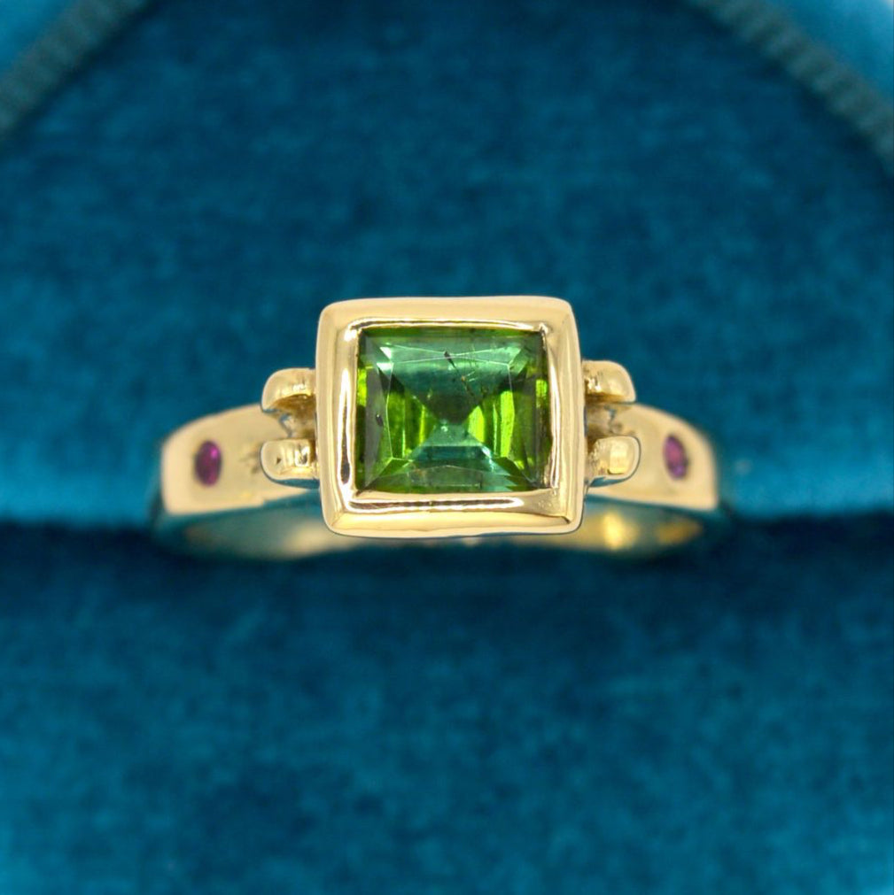 Nimue Ring | 9ct Solid Gold Forest Green Tourmaline Ring with Pink Sapphires