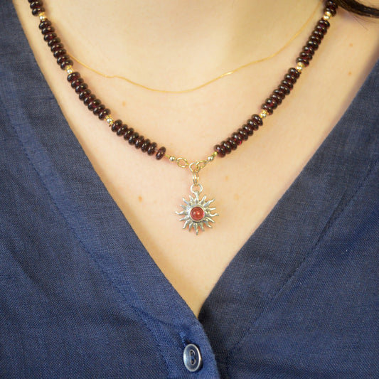 Sunna Necklace | Carved Sun Pendant with Tourmaline Gemstone