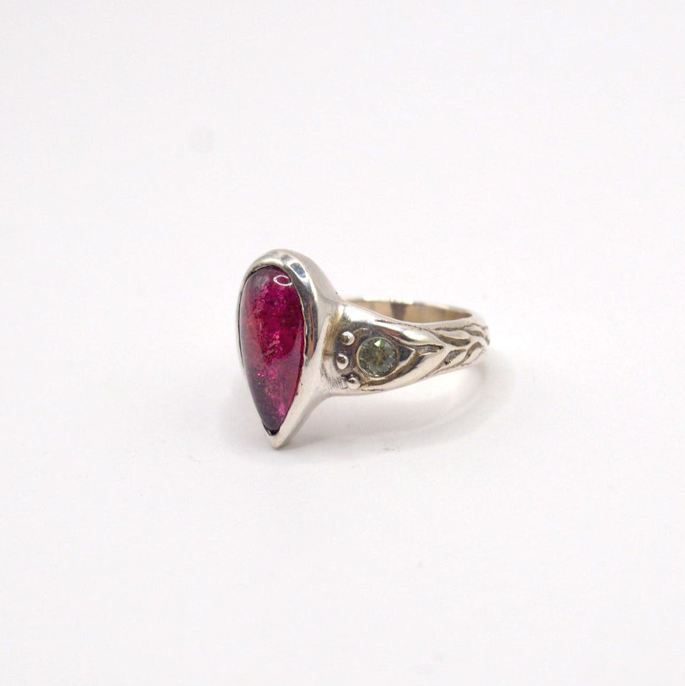 Celeste Ring | Sterling Silver & Pink Tourmaline Drop Ring with Blue Sapphires