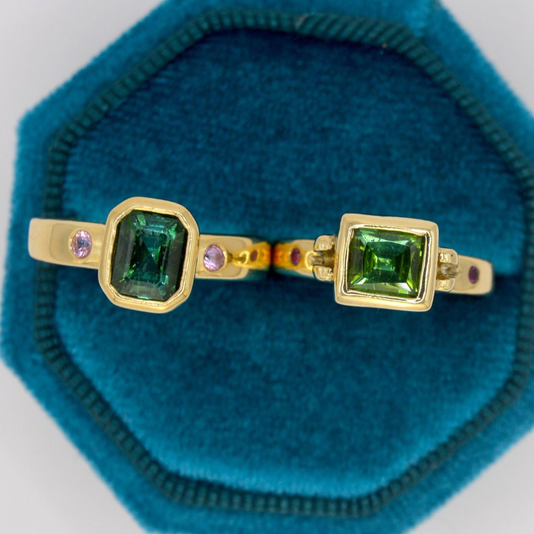 Nimue Ring | 9ct Solid Gold Forest Green Tourmaline Ring with Pink Sapphires