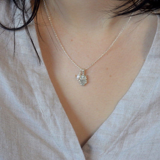 Starlight Owl | Elegant Silver Owl & Pearl Necklace