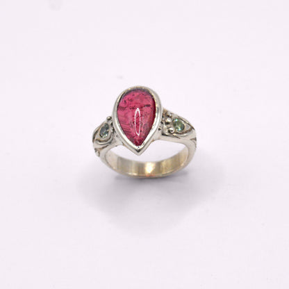 Celeste Ring | Sterling Silver & Pink Tourmaline Drop Ring with Blue Sapphires