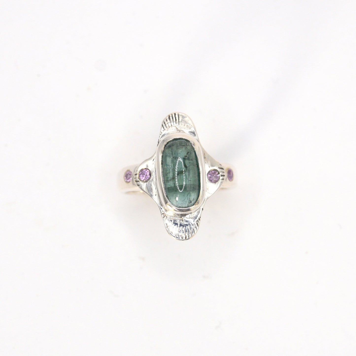 Igraine Ring | Sea Green Tourmaline Ring & Pink Sapphires