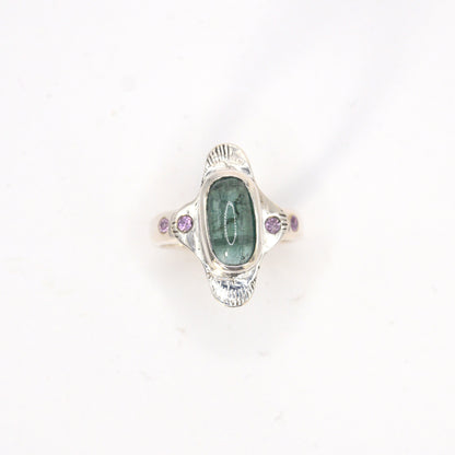 Igraine Ring | Sea Green Tourmaline Ring & Pink Sapphires