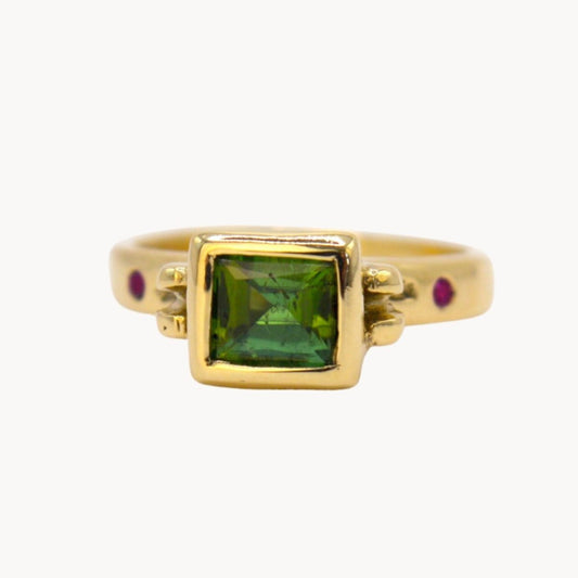 9ct Solid Gold Forest Green Tourmaline Ring with Pink Sapphires