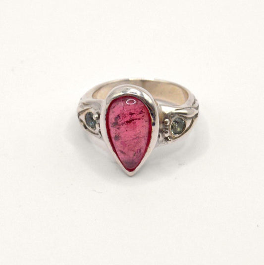 Celeste Ring | Sterling Silver & Pink Tourmaline Drop Ring with Blue Sapphires