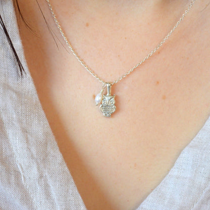 Starlight Owl | Elegant Silver Owl & Pearl Necklace