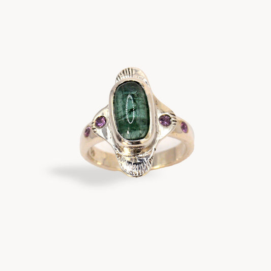 Igraine Ring | Sea Green Tourmaline Ring & Pink Sapphires